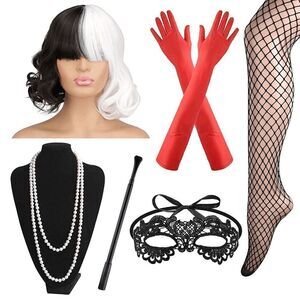 🖤🤍 6PCS Halloween Bundle Cruella Cosplay Costume Party1920s Accessories Set